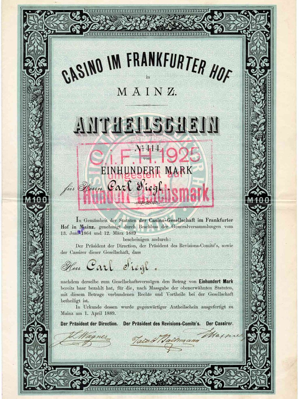 Casino in Frankfurter Hof, Mz, share certificate 100 Marks,