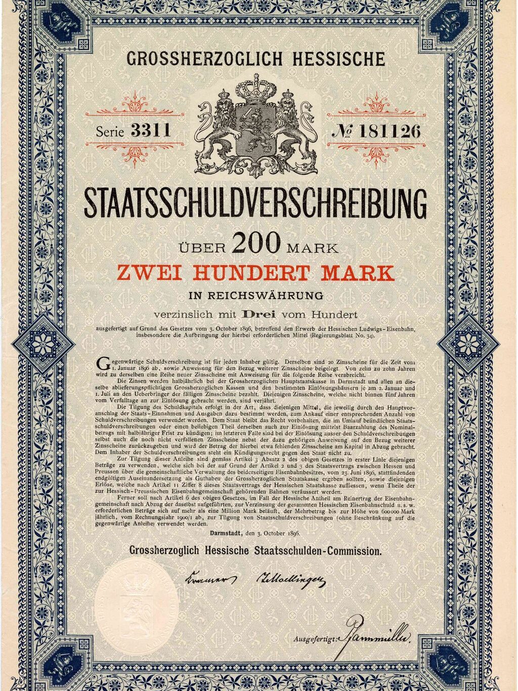 Grand Ducal Hessian State Debt Bond dated October 3, 1896