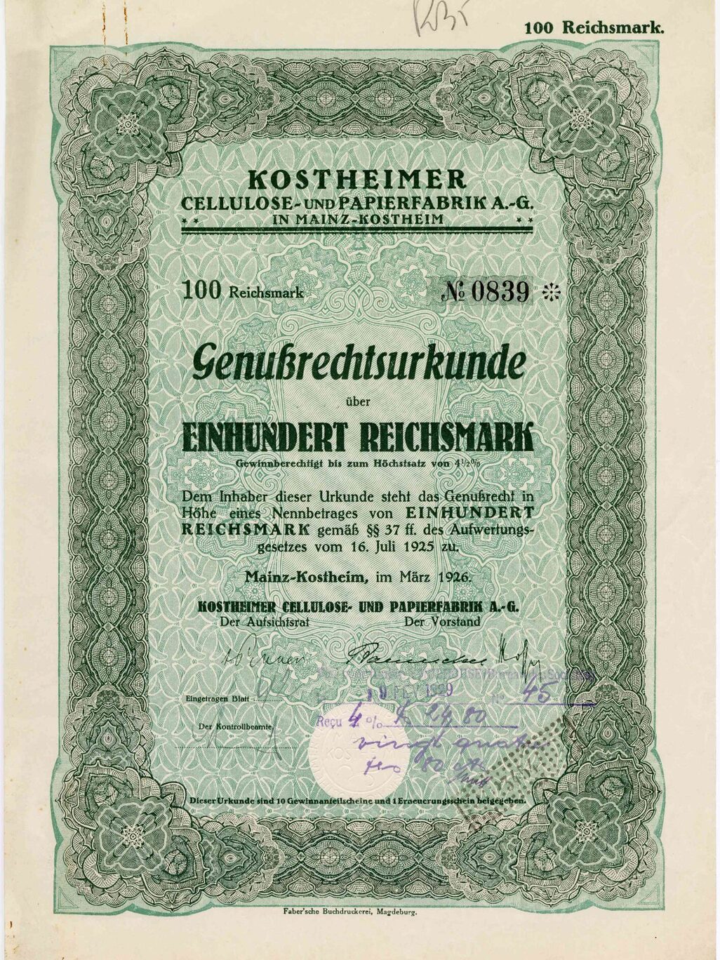 Kostheimer Cellulose- und Papierfabrik A.-G., profit participation certificate March 1926