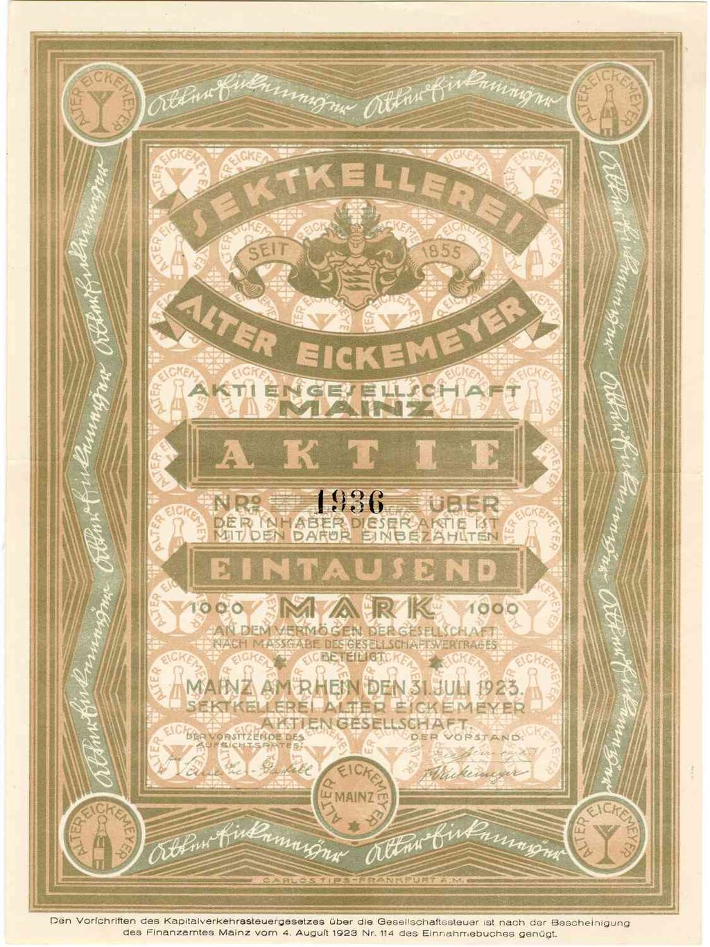 Sektkellerei Alter Eickemeyer AG Mz, share 1,000 Marks