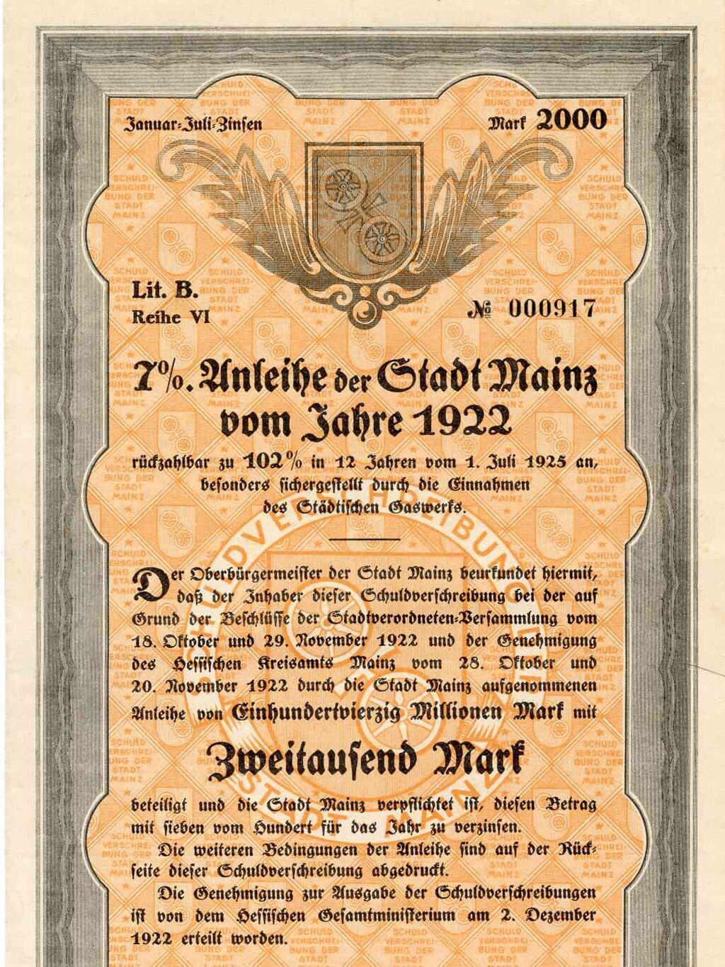 City of Mainz, 7 % bond 2,000 marks