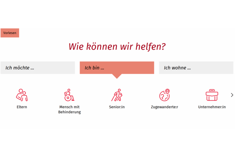 Screenshot: Wie können wir helfen? Darunter drei Möglichkeiten: Ich möchte ..., Ich bin ..., Ich wohne ... Farbig markiert ist: Ich bin ... Darunter: Eltern, Mensch mit Behinderung, Senior:in, Zugewanderte:r, Unternehmer:in