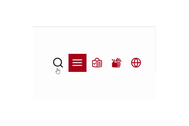 Screenshot des Menüs, die Hand zeigt auf das Lupen-Symbol, das schwarz erscheint. Daneben das Hamburger Menü (drei Striche) und die Symbole für Leichte Sprache, Gebärdensprache und Spracheinstellungen.