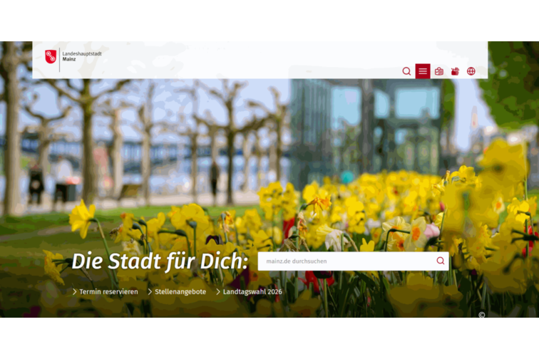 Screeshot der Startseite: oben links das Logo der Landeshauptstadt Mainz, rechts oben eine Lupe, das Hamburger Menü (drei Striche), die Symbole für Leichte Sprache und Gebärdensprache sowie das Symbol für die Sprachauswahl.