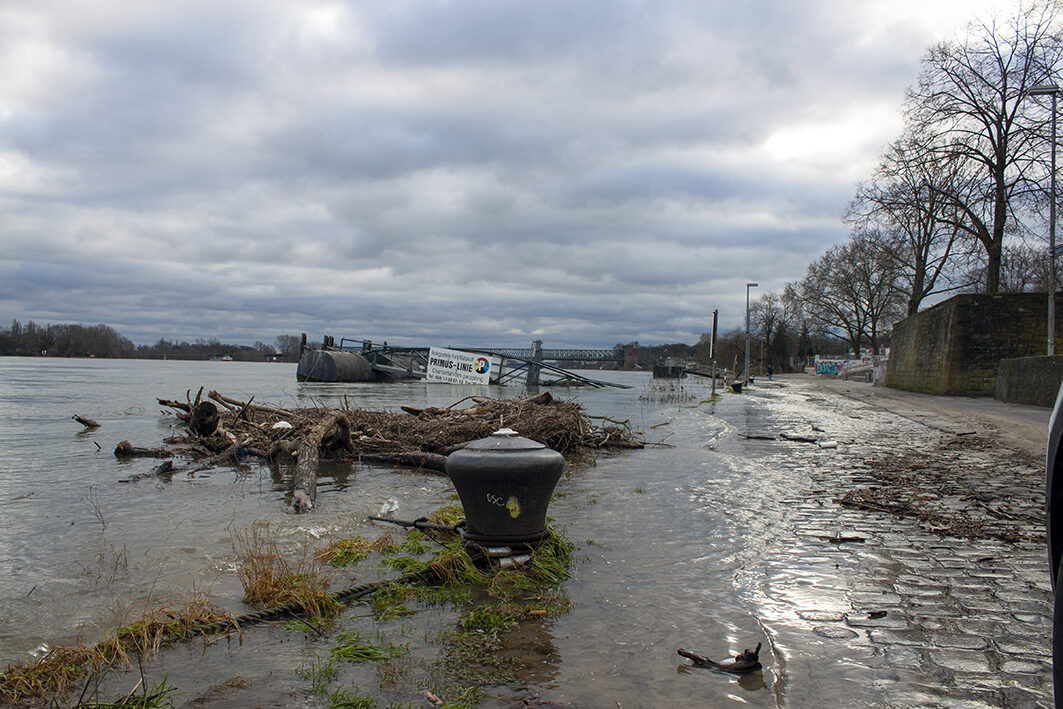 Lavori di pulizia dopo un'alluvione del Reno