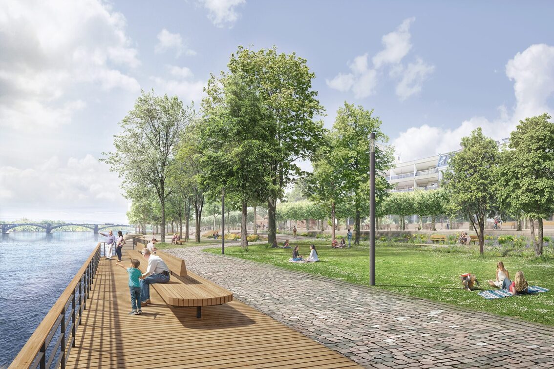 Візуалізація громадської галявини з дерев'яними сидіннями, зеленими насадженнями та деревами