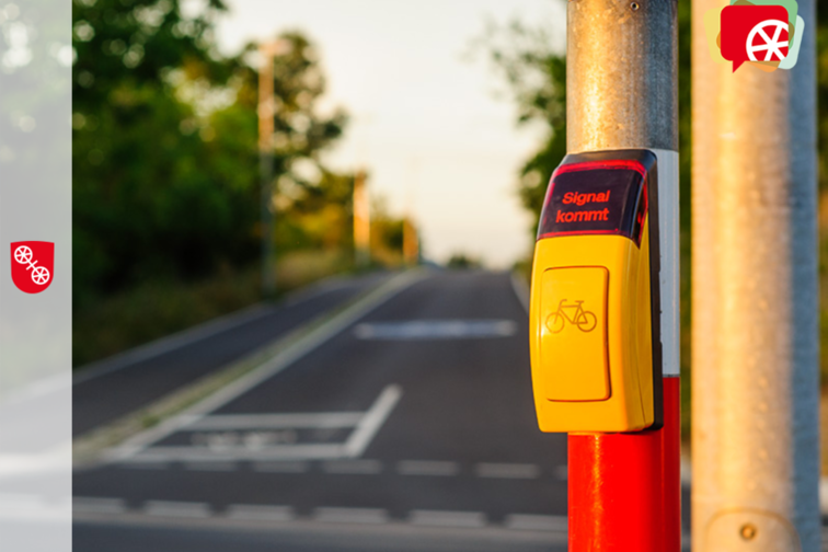 Кнопка запиту для велосипедистів на світлофорі перед дорогою при сонячному світлі