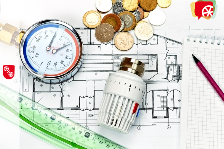 Zdjęcie technologii grzewczej (termometr, regulator ogrzewania i szkic konstrukcyjny)