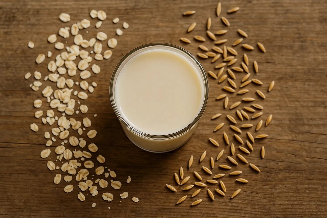 Yanında yulaf içeceği, yulaf gevreği ve tahıllar bulunan bardak