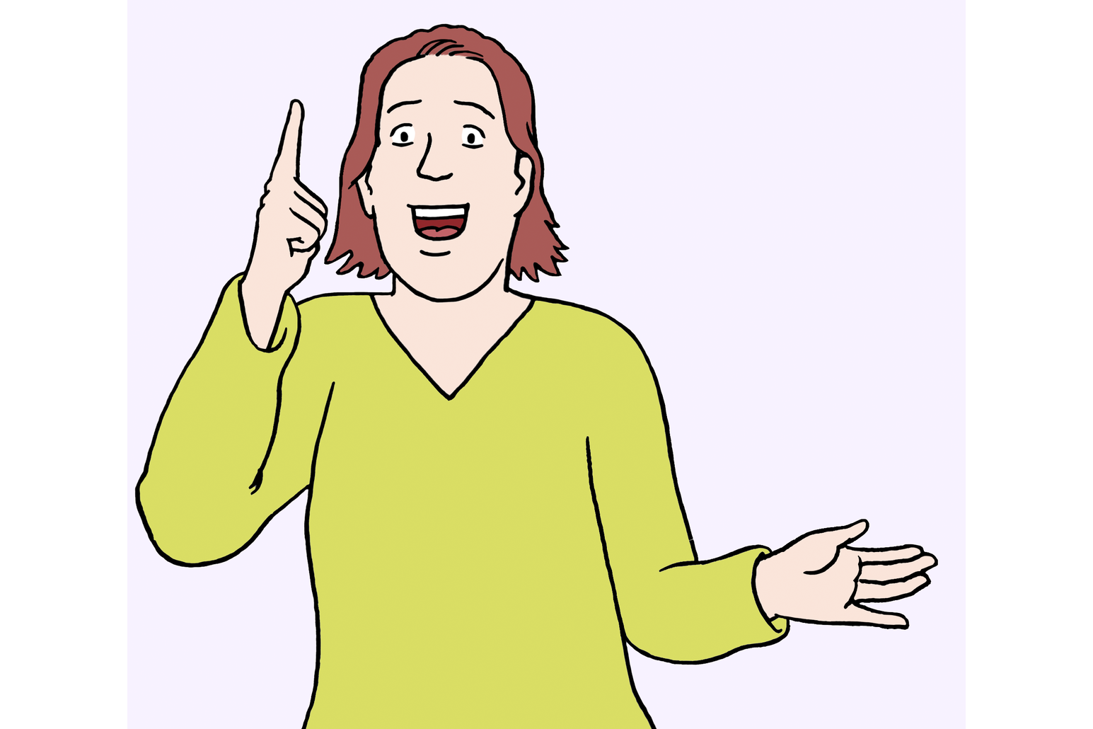 Ілюстрація "Ідея": Людина сміється і піднімає вгору вказівний палець правої руки.