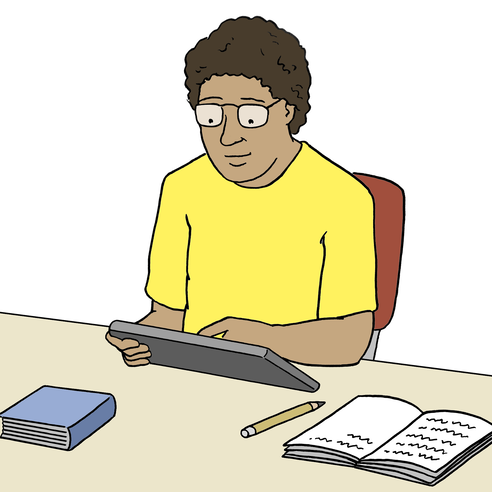 Illustrazione: Un uomo tiene in mano una tavoletta, un libro aperto con appunti, una penna e un libro giacciono sul tavolo.