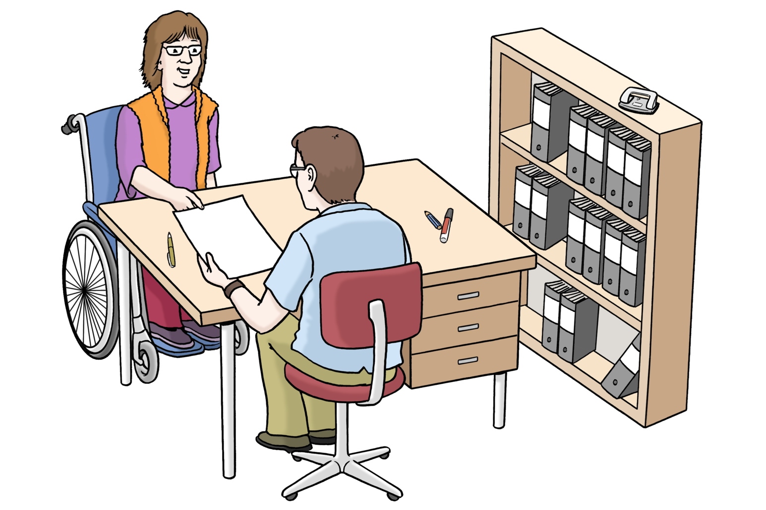 Illustrazione "Presentazione di una domanda"_ Una persona in sedia a rotelle siede a una scrivania e consegna un foglio di carta a una persona seduta su una sedia girevole; a destra dell'immagine c'è uno schedario con dei fascicoli.