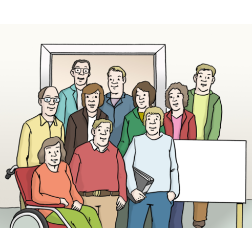 Illustrazione "Consiglio consultivo": dieci persone con e senza disabilità visibili davanti al telaio di una porta, a destra uno stand vuoto.
