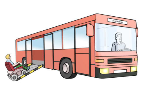 Illustration "Bus" : une personne en fauteuil roulant accède à l'intérieur d'un bus rouge clair au moyen d'une rampe.
