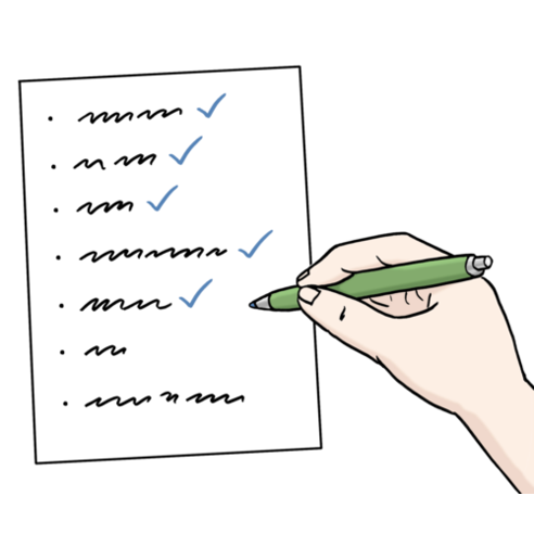 Illustrazione "Checklist": una mano tiene una biro verde e spunta un elenco.
