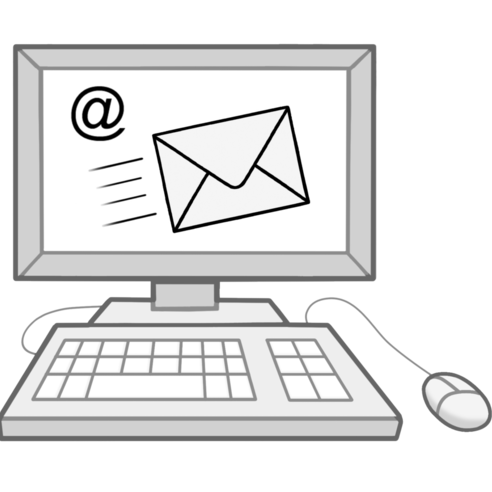 Illustrazione: un computer con lo schermo acceso, che mostra un'e-mail e il segno @.