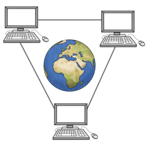 Ілюстрація "Інтернет": три комп'ютери, що стоять трикутником і з'єднані сірою лінією, з глобусом посередині.