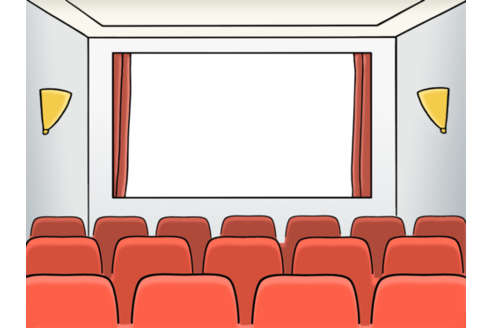 Illustration "cinéma" : fauteuils de cinéma rouges, devant un écran blanc avec des rideaux rouges à gauche et à droite, plus loin à gauche et à droite une lampe jaune.
