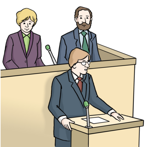 Illustrazione "Politico": una persona è in piedi davanti a una scrivania, dietro di lei altre due persone.