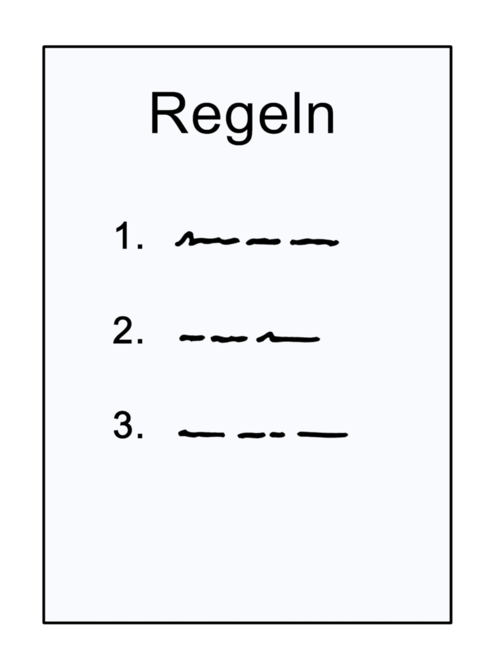Illustrazione "Regole": Un foglio bianco con l'intestazione "Regole", comprendente il 1°, il 2°, il 3° e i trattini.