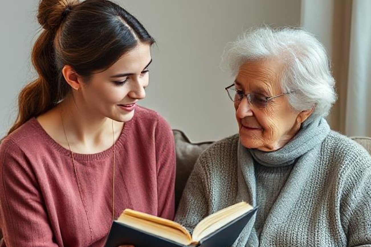 La photo montre une jeune femme lisant un livre à une personne âgée.