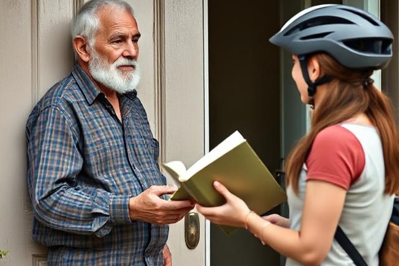 L'image montre un homme qui se fait livrer un livre.