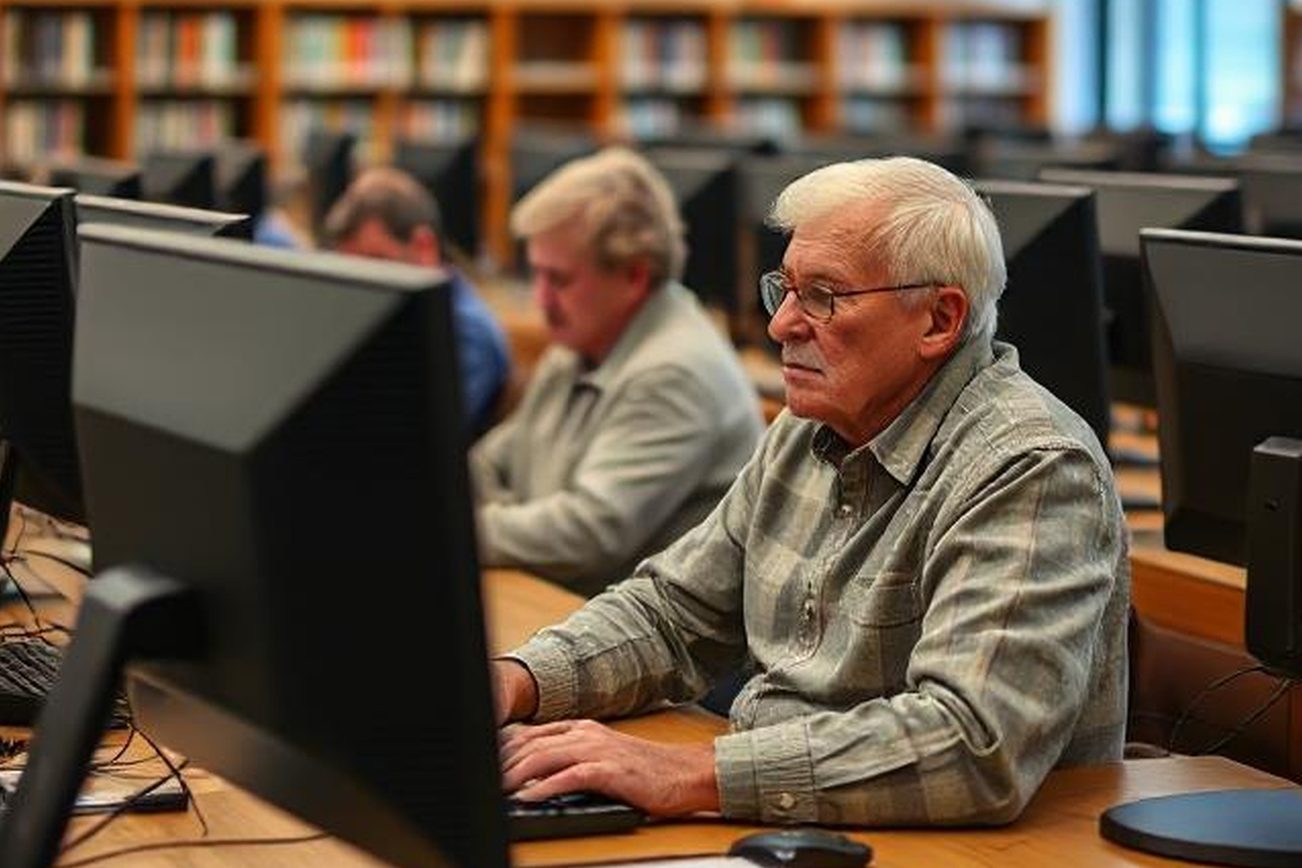 L'image montre des seniors travaillant sur des PC