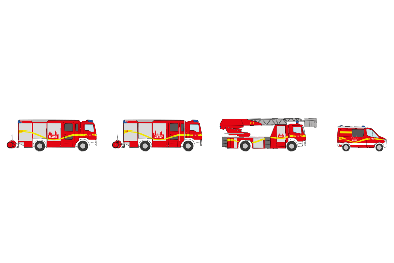 Löschzug (LZ): zwei Löschfahrzeuge, Drehleiter, Einsatzleitwagen (16 Funktionen)