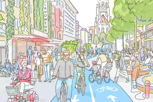 Zeichnung einer Straße mit Fußgängern, Radfahrern, Rollstuhlfahrern