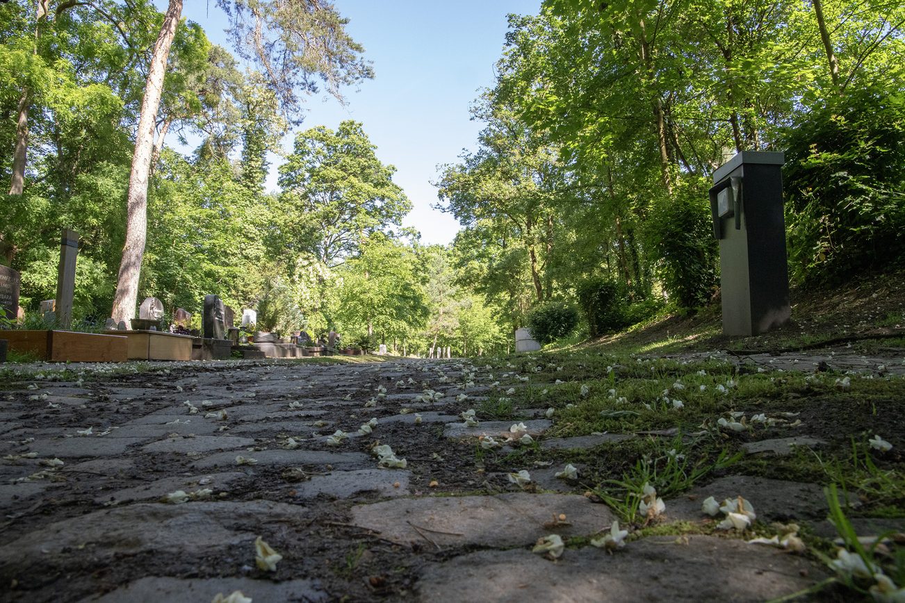 L'immagine mostra l'area di ingresso al cimitero di Gonsenheim