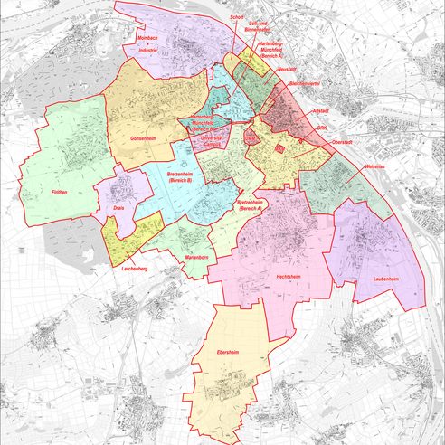 Mappa della città di Magonza con i quartieri contrassegnati a colori