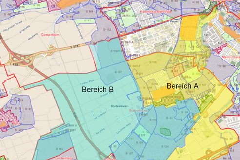 Mappa di Bretzenheim con due aree evidenziate a colori, a e b