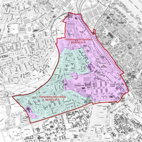 Mappa di Hartenberg Münchfeld con due aree evidenziate a colori, a e b
